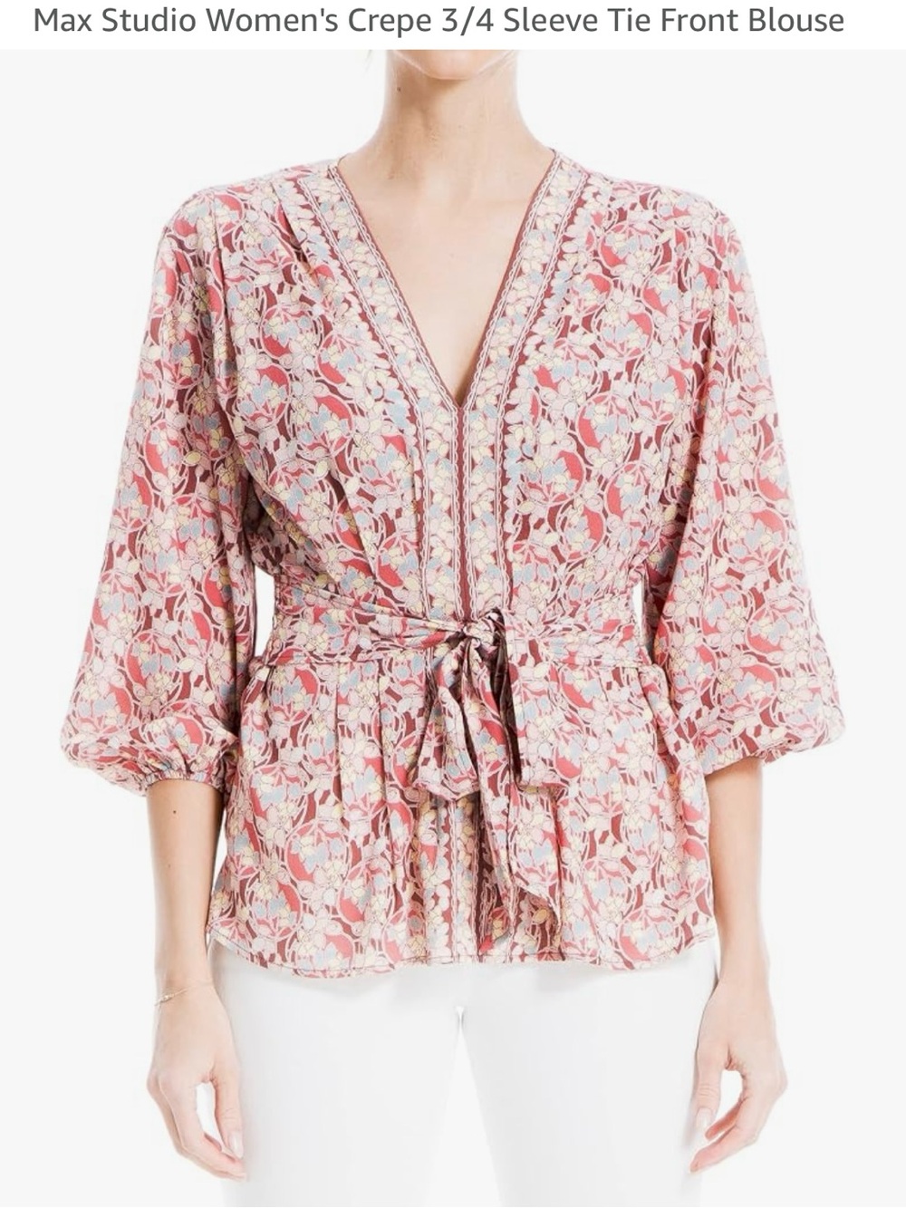 Max Studio Terracotta Floral Tie-Front Crepe Blouse NWT Size Medium